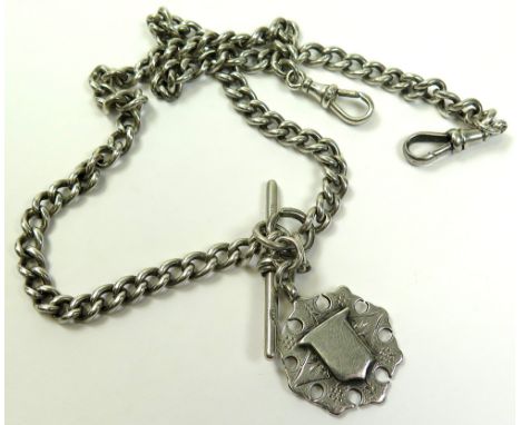 Silver hallmarked "T" bar pocket watch chain with a silver fob attached, length approx 47cm, weight approx 52g