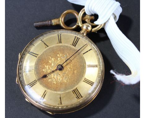 18 carat gold openface pocket watch, with gold dial and black roman hours, 40mm wide
