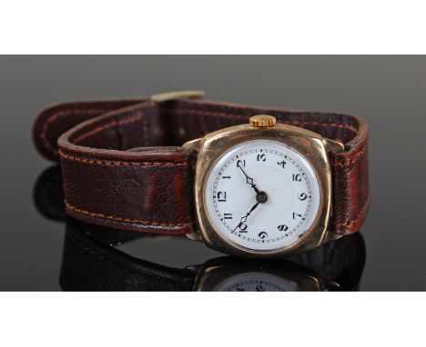 9ct Gold Wristwatch, white enamel face with Arabic numerals