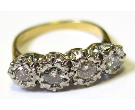 18ct stamped Ring set with 4 Diamonds approx 0.75ct size N weight 4.7 grams