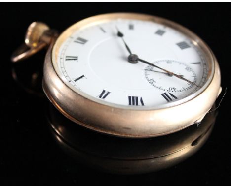 9ct gold open face pocket watch, the white enamel dial with black roman numerals, surrounded by a minute track, subsidiary se