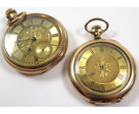 Two gold plated open face pocket watches, both with gilt enamelled dials and in the Dennison gold plated `moon` cases. 