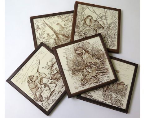 set of five Josiah Wedgwood ceramic tiles with a hunting theme each mounted within a wooden frame
