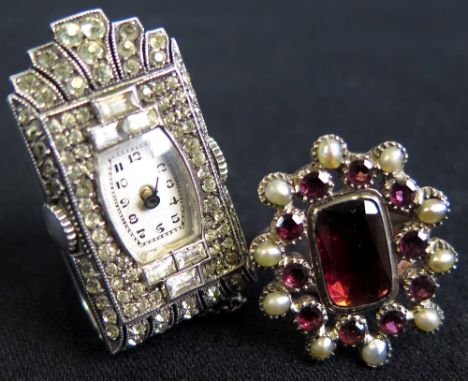 9ct Ring set with seed pearls and spinels with a marcasite ladies clip fob watch (needs attention)