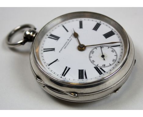 Silver open faced pocket watch. Hallmarked Birmingham 1902. Roman numerals with subsidiary second dial at 6 o'clock, signed F