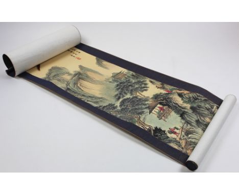 Chinese scroll painting depicting figures traversing a ravine. signed by Tang Yan. Measures 130 cm in total length.