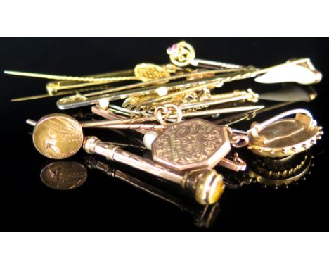 Mixed lot of 9ct/Yellow metal Stick pins, bar brooches pendants and pencil weight 29.9 grams (13)