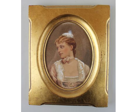 Well painted late Victorian watercolour portrait of a young lady in a later gilt frame 25 x 20 cm 