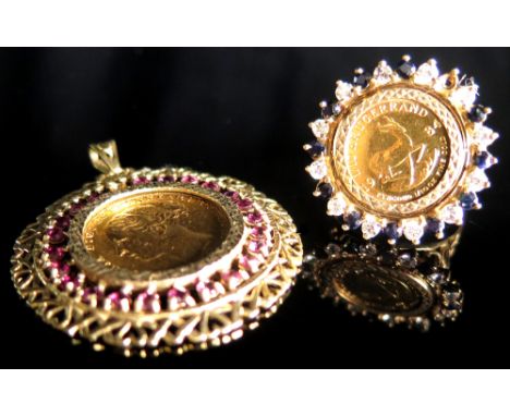 9ct Large Sovereign pendant set with garnets and Tenth Krugerrand ring set with sapphires size T weight 25.1 grams. some ston