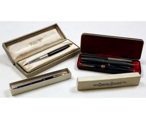 Six vintage pens including a boxed parker 51 and a boxed conway stuart. 
