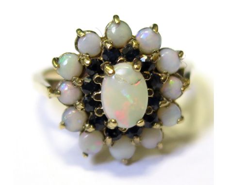 9ct Ring set with Opals and Sapphires size P weight 4.0 grams