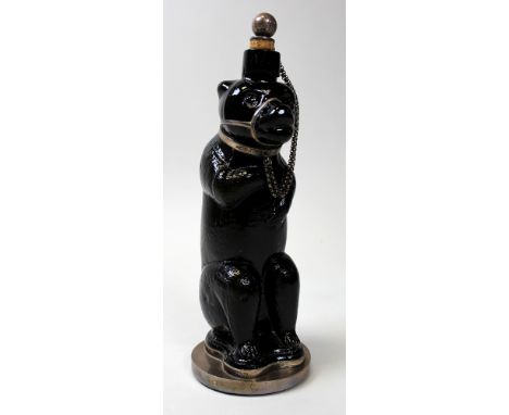 Unusual mid 19th century Bear Shaped Black Glass Russian Vodka bottle with silver fitments. Hallmarked with British hall mark