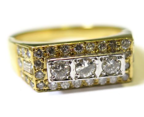 18ct Ring with 3 central diamonds surrounded by smaller diamonds approx 0.50ct size T weight 10.9 grams