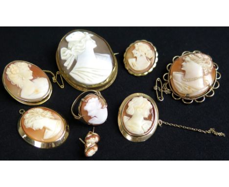 Assortment of six various size yellow metal cameos along with a cameo ring and set of ear rings