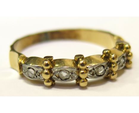 Yellow metal ring set with 5 old cut diamonds size M weight 2.7 grams