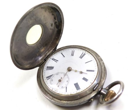 Half hunter Silver pocket watch . stamped 0.935 The outer case with a blue enamel dial opening to reveal the white enamel dia