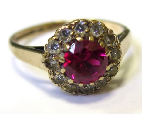 9ct Ring set with synthetic Ruby and CZ size L weight 2.1 grams