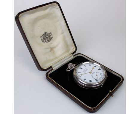 In its orignal box, Silver open face Pocket watch, "Acme Lever" hallmarked Birmingham 1936, the white enamel dial with black 