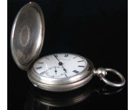 Silver Hunter pocket watch by Bovet Fleurier,white enamel dial with Roman numerals and second hand 