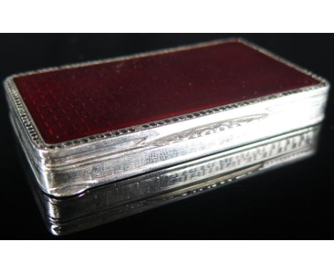 Silver snuff box with red guilloche enamel set into the lid hallmarked GS import mark .925 letter S weight 4.09 oz 