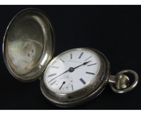 Silver Mortimore Gents Hunter Pocket Watch, enamel dial with Roman numerals 