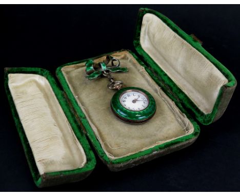 Cased Green Enamelled Ladies Silver Fob watch on a pin backed hanging bow some minor enamel chips