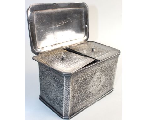 Victorian electoplate Britannia metal two compartment Tea Caddy, by James Dixon & Sons, of rectangular form with hinged lid. 