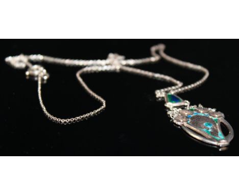 Art Deco style Silver drop pendant necklace by reknowned Silversmith Charles Horner (1910 Chester) some enamel damage