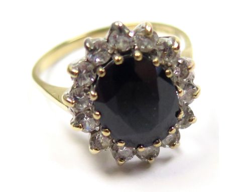 Large sapphire and CZ set 9ct Ring size N weight 3.2 grams