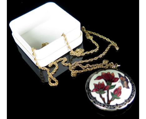 Enamel Pendant with flowers and butterflies on a 9ct 20 inch rope chain