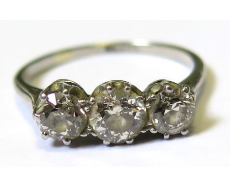 Plat. stamped 3 stone Diamond ring, central stone 0.50ct flanked by 2 0.35ct stones size P weight 3.1 grams 