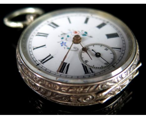 Silver Ladies Fob watch white enamel dial with flower motif and roman numerals 