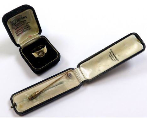 Yellow metal Tie Pin set with 0.35ct Solitaire Diamond and 18ct Gents Solitaire Diamond ring size T weight 8.6 grams