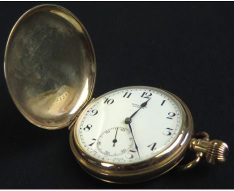 9ct gold full hunter pocket watch, Hallmarked Birmingham 1924, white enamel dial with black arabic numerals, subsidiary dial,