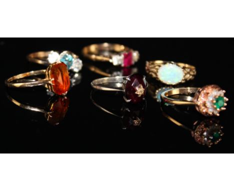 Five 9ct rings set with semi precious stones weight 10.8 grams plus Silver stone set ring