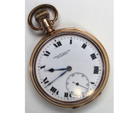 Early 20th Century Gold plated open face pocket watch "Field & Son Ltd Aylesbury" the white dial with bold Roman numerals wit