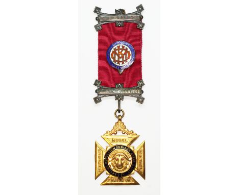 A hallmarked 9ct gold RAOB medallion, ribbon with white metal bars and enamel badge, approx. gold wt. 18.8g.  
