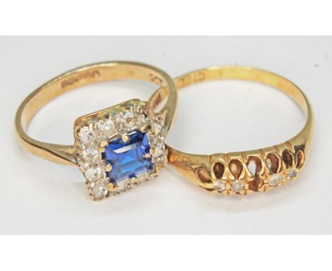 A hallmarked 18ct gold diamond ring and a hallmarked 9ct gold cluster ring, gross wt. 4.8g, size P &amp; K respectively.  