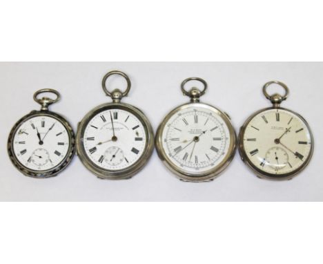 A group of four silver pocket watches, all as found.  