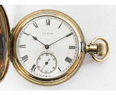 A gold plated full hunter Elgin pocket watch, circa 1920s, signed white enamel dial, Roman numeralds and seconds subsidiary, 