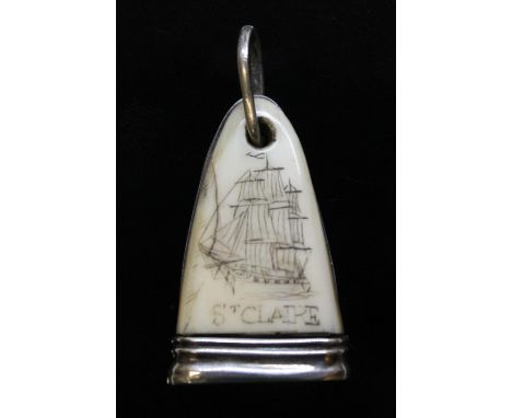 An Irish 18th century silver mounted marine ivory scrimshaw, one side decorated with a galleon and inscribed 'St Claire' belo