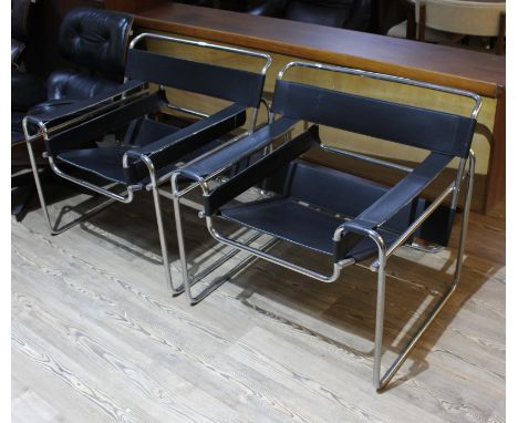 A pair Wasilly style tubular metal and leather chairs after a design by Marcel Breuer.Condition:- General wear through age an