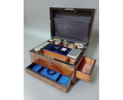 A 19th century burr walnut work box with fitted interior, containing a number of cut glass and silver plated containers, glas