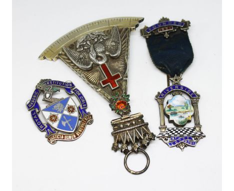 Three hallmarked silver Masonic jewels, gross wt. 130.9g. 