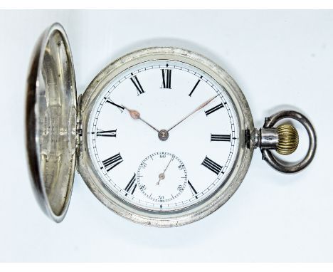 An Omega full hunter pocket watch, white enamel dial with Roman numerals, spade hands and seconds subsidiary, case marked 'OM