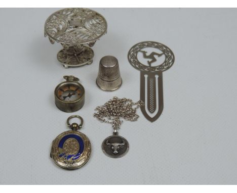 A Silver &amp; Enamel Photo Pendant, A Dutch silver thimble, a silver Taurus Bull pendant with chain, a silver filigree dinin