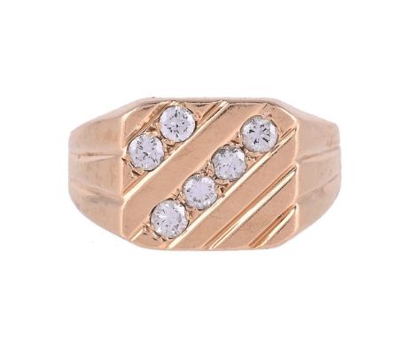 
	
		A DIAMOND SIGNET RING 
		The rectangular panel diagonally set with brilliant cut diamonds, approximately 0.48 carats, to