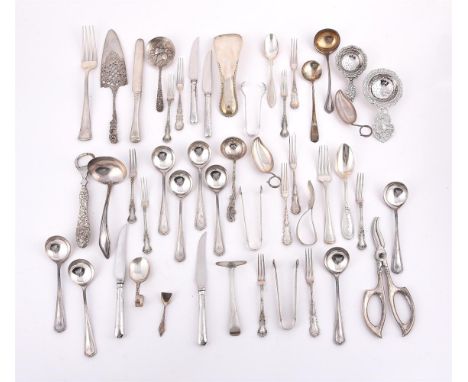 
	
		A COLLECTION OF SILVER COLOURED FLATWARE
		To include: a pair of lead shaped caddy spoons, stamped sterling, with loop h