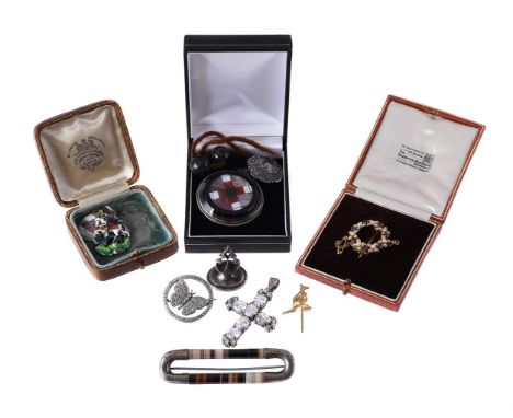 
	
		A COLLECTION OF ANTIQUE AND LATER JEWELLERY
		To include a sapphire and seed pearl flower head hooped brooch, second qua