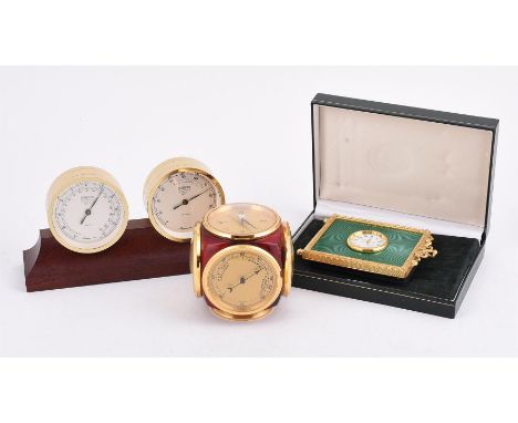 
	
		IMHOF 
		A GILT METAL AND LACQUERED CUBE DESK CLOCK, BAROMETER, THERMOMETER AND COMPASS
		Movement: Swiss quartz
		Case: